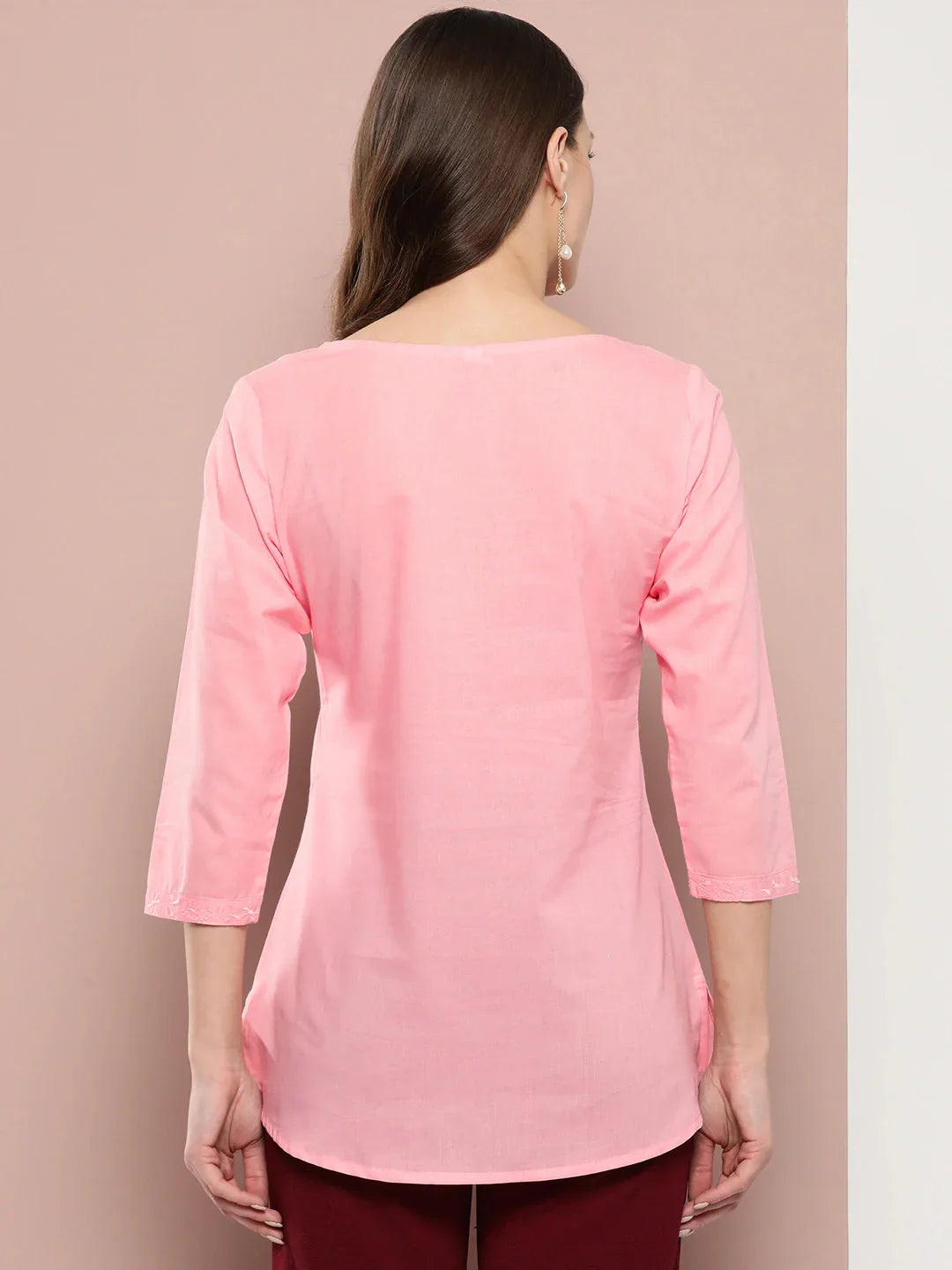 Yufta Peach Floral Chikankari Embroidered Pure Cotton Top