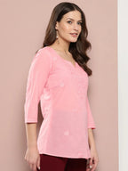 Yufta Peach Floral Chikankari Embroidered Pure Cotton Top