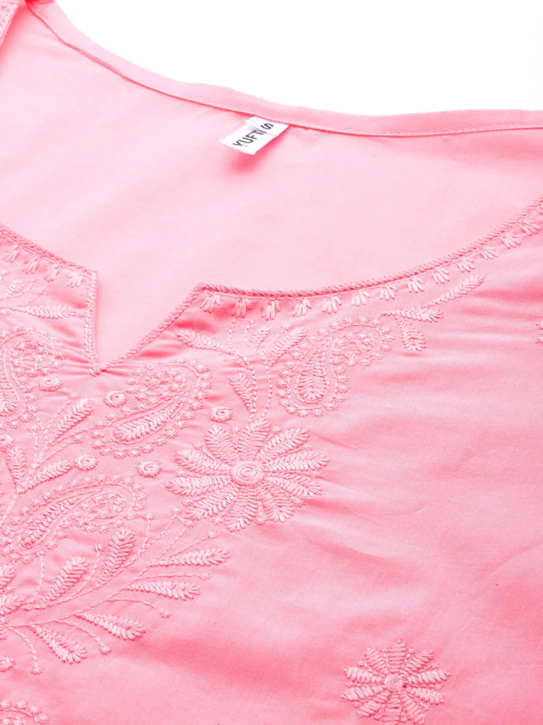 Yufta Peach Floral Chikankari Embroidered Pure Cotton Top