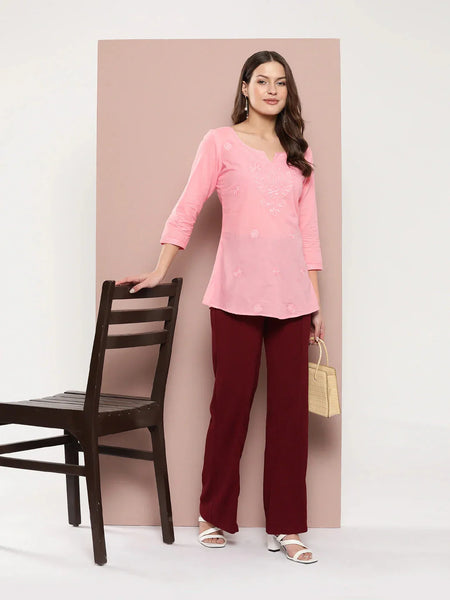Yufta Peach Floral Chikankari Embroidered Pure Cotton Top