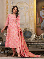 Yufta Peach Floral Print Anarkali Kurta Trouser And Dupatta Set