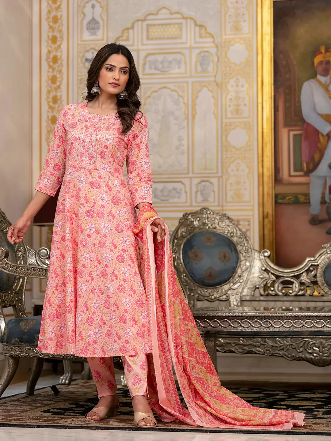 Yufta Peach Floral Print Anarkali Kurta Trouser And Dupatta Set