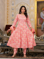 Yufta Peach Floral Print Anarkali Kurta Trouser And Dupatta Set