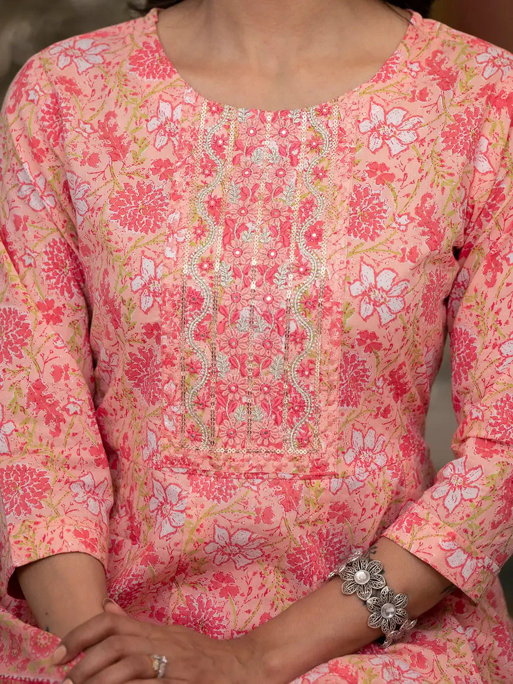 Yufta Peach Floral Print Anarkali Kurta Trouser And Dupatta Set