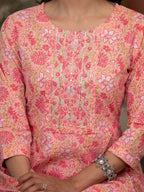 Yufta Peach Floral Print Anarkali Kurta Trouser And Dupatta Set