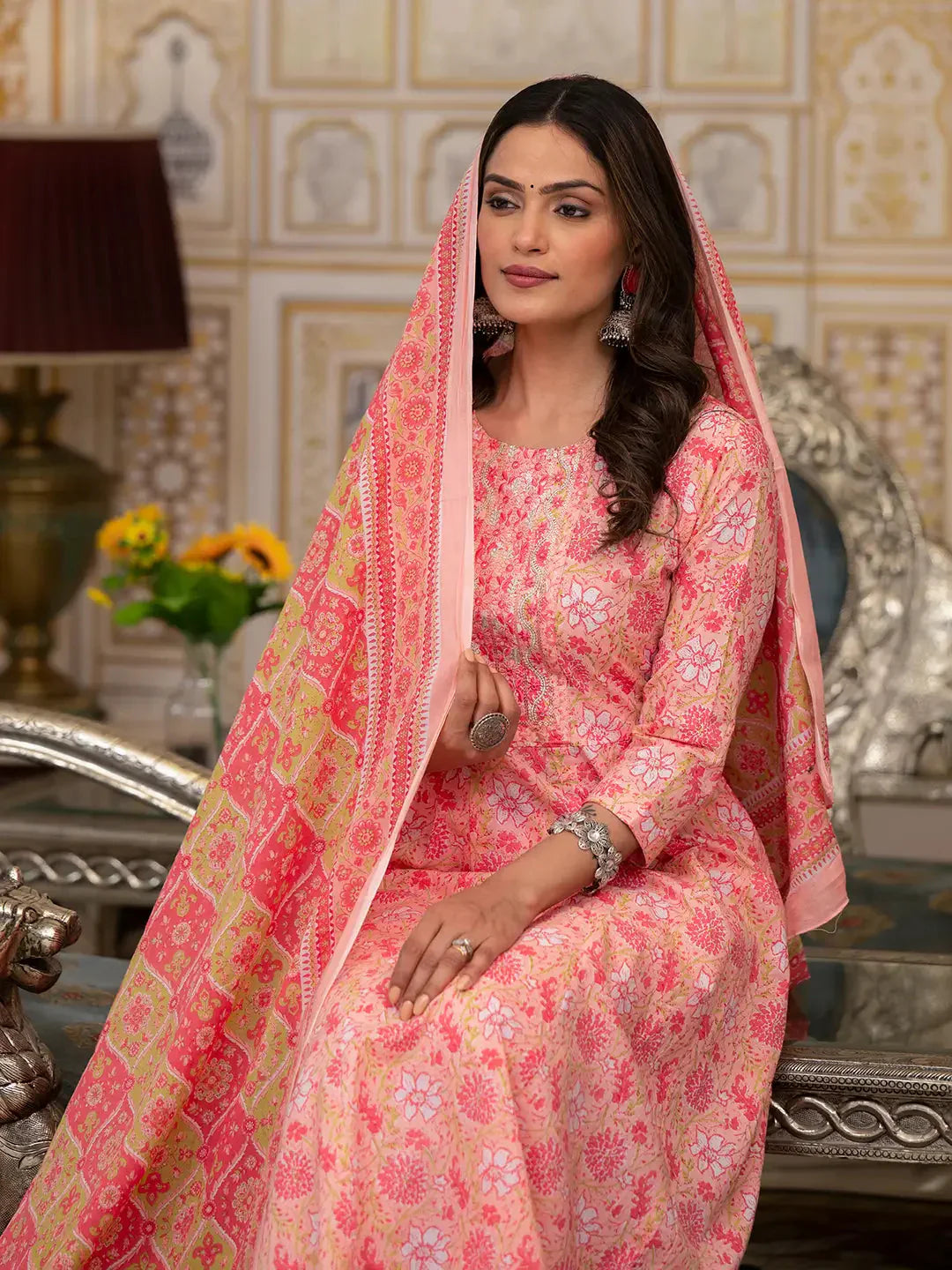 Yufta Peach Floral Print Anarkali Kurta Trouser And Dupatta Set
