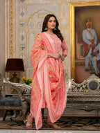 Yufta Peach Floral Print Anarkali Kurta Trouser And Dupatta Set