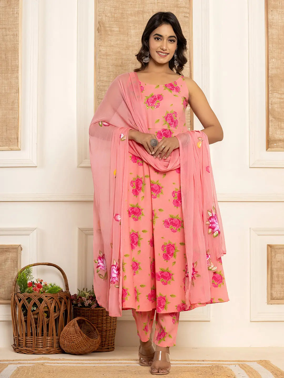Yufta Peach Floral Print Cotton A-Line Style Kurta And Trousers With Dupatta Set
