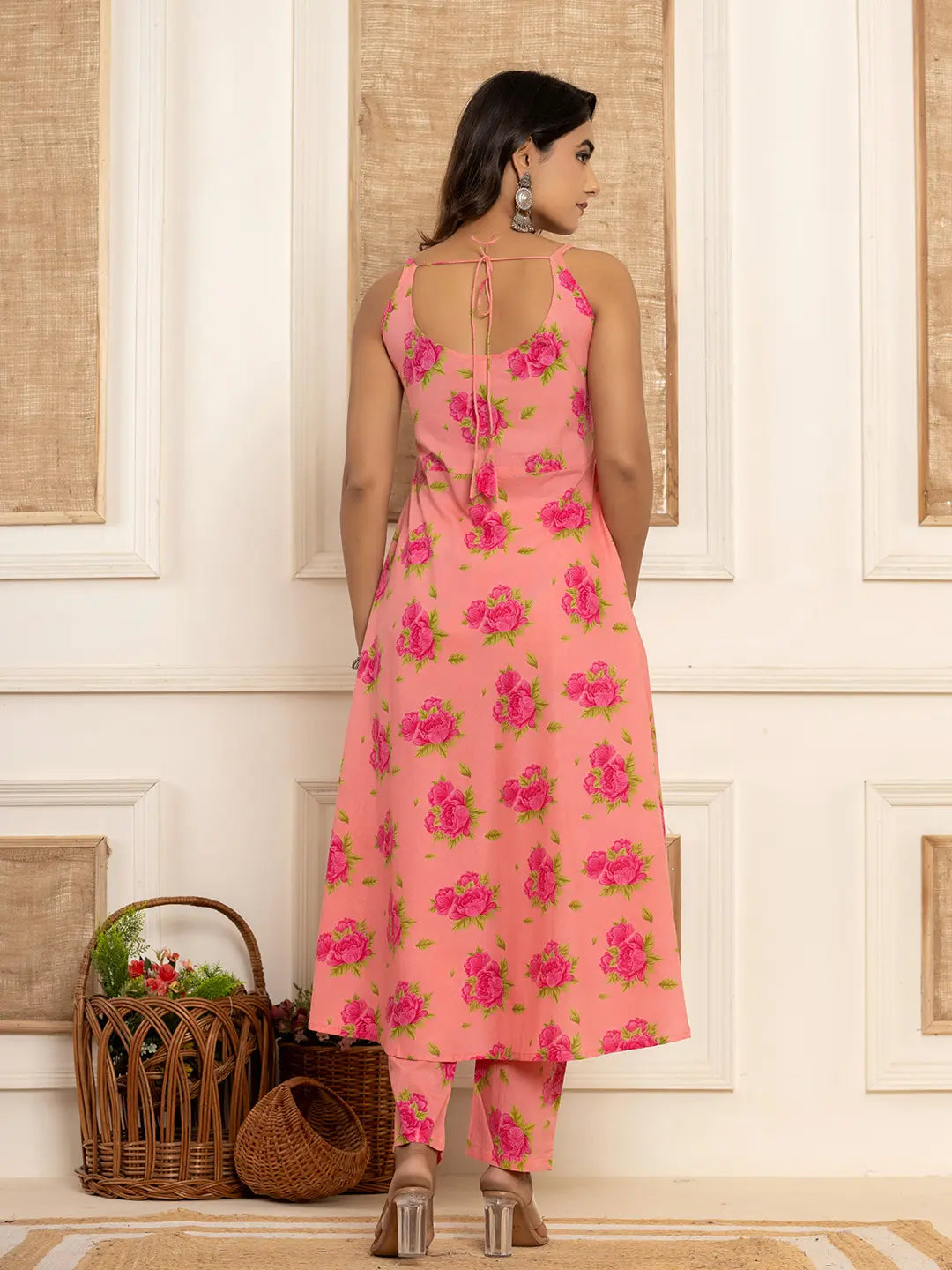 Yufta Peach Floral Print Cotton A-Line Style Kurta And Trousers With Dupatta Set
