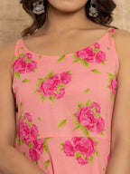 Yufta Peach Floral Print Cotton A-Line Style Kurta And Trousers With Dupatta Set