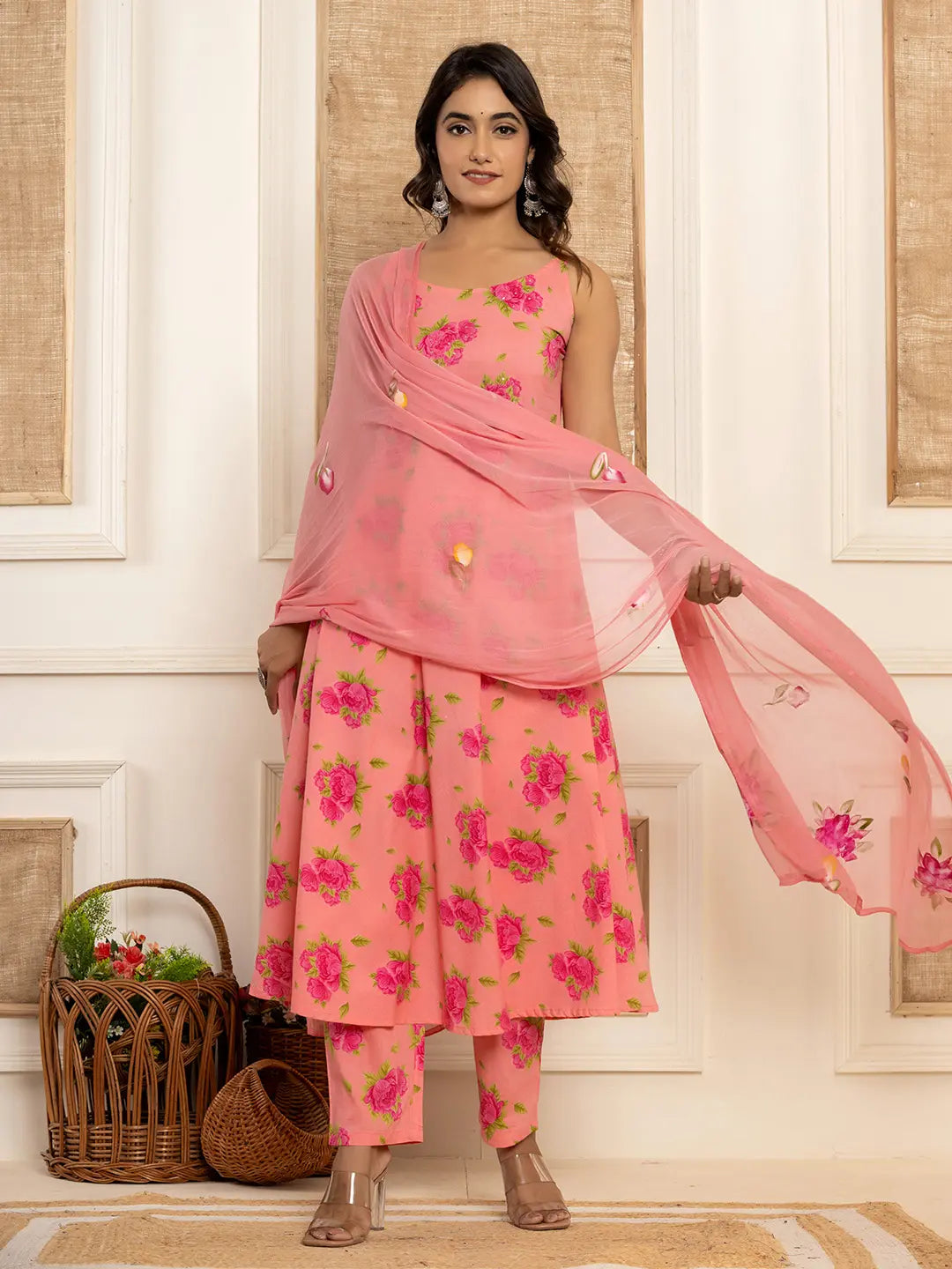 Yufta Peach Floral Print Cotton A-Line Style Kurta And Trousers With Dupatta Set