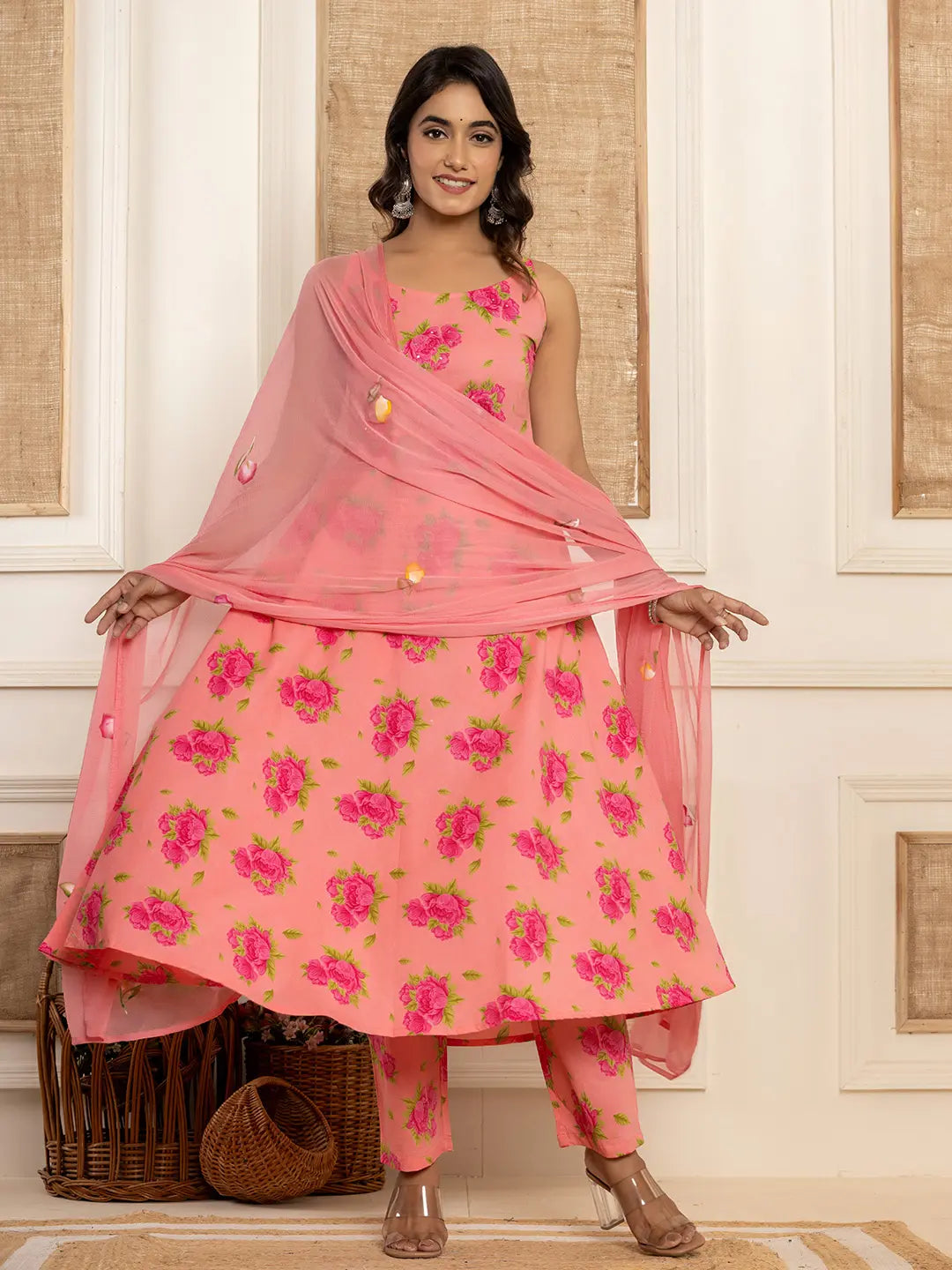 Yufta Peach Floral Print Cotton A-Line Style Kurta And Trousers With Dupatta Set