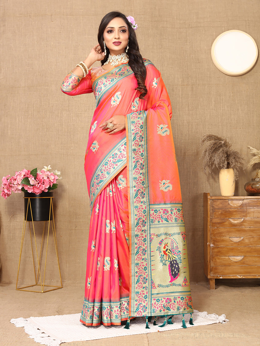 Lorenvalley Fashion Peach Soft Paithani Silk Woven Design Rich Meenakari Zari Weaving Pallu Saree