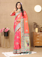Lorenvalley Fashion Peach Soft Paithani Silk Woven Design Rich Meenakari Zari Weaving Pallu Saree