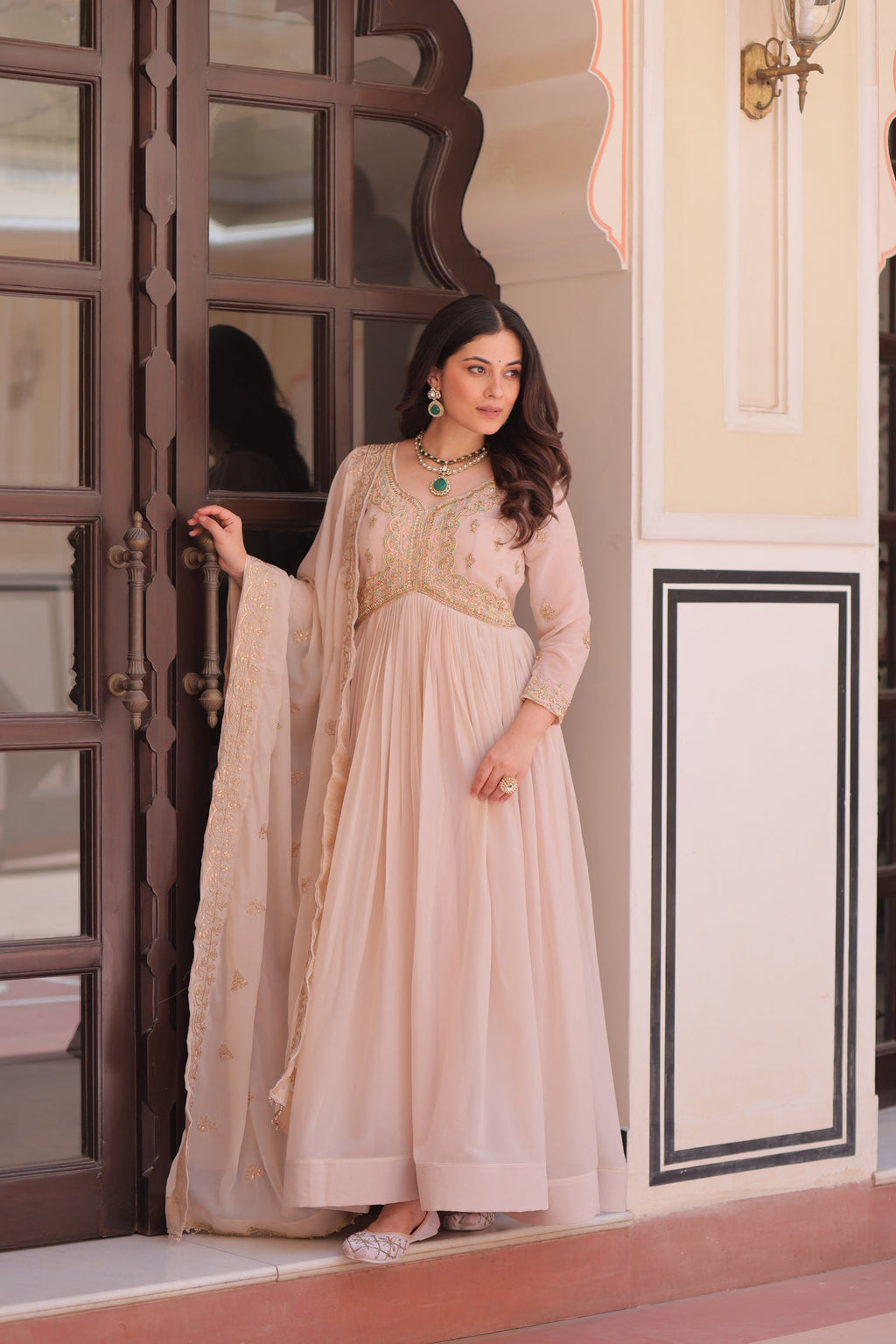 Lorenvalley Fashion Peach Star Georgette with Beads & Sequins Multi Embroidered work Anarkali Gown with Dupatta - Distacart