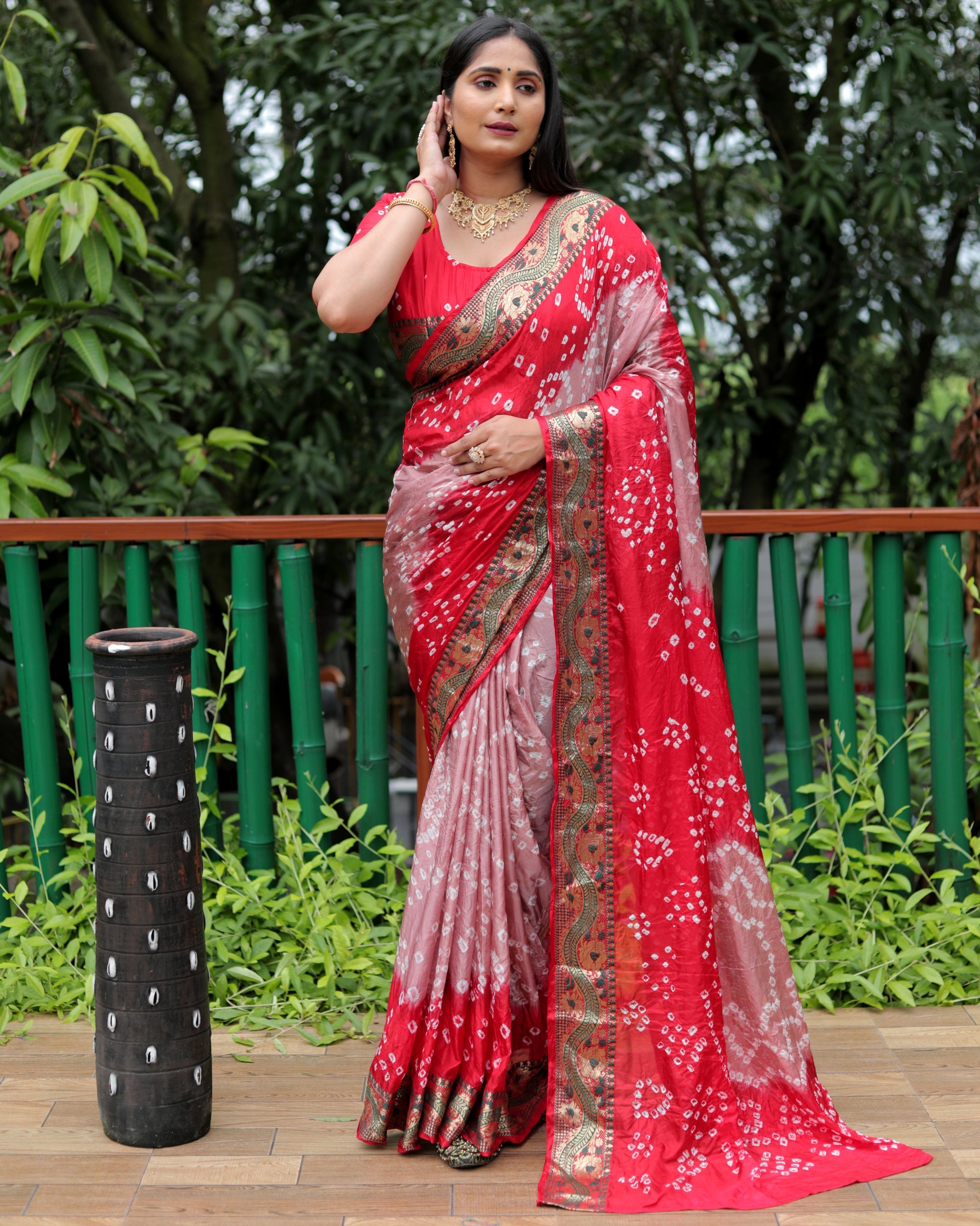 Lorenvalley Premium Pure Bandhej Tapeta Soft light weight silk saree with zari weaving Border - Multicolor
