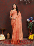 Lorenvalley Fashion Peach Soft Katan Silk Woven Design Zari Weaving Pallu Saree