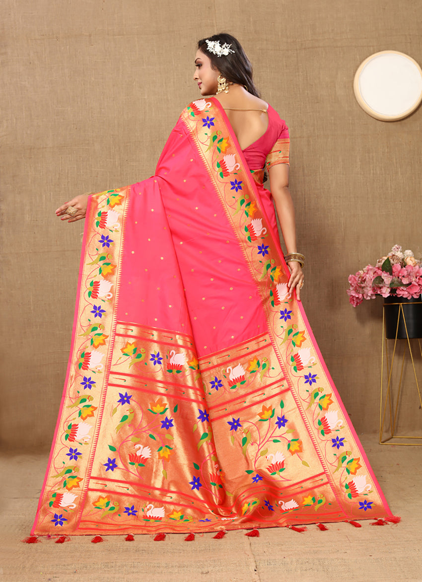 Lorenvalley Fashion Peach Soft Paithani Silk Woven Design Rich Zari Meenakari Weaving Saree