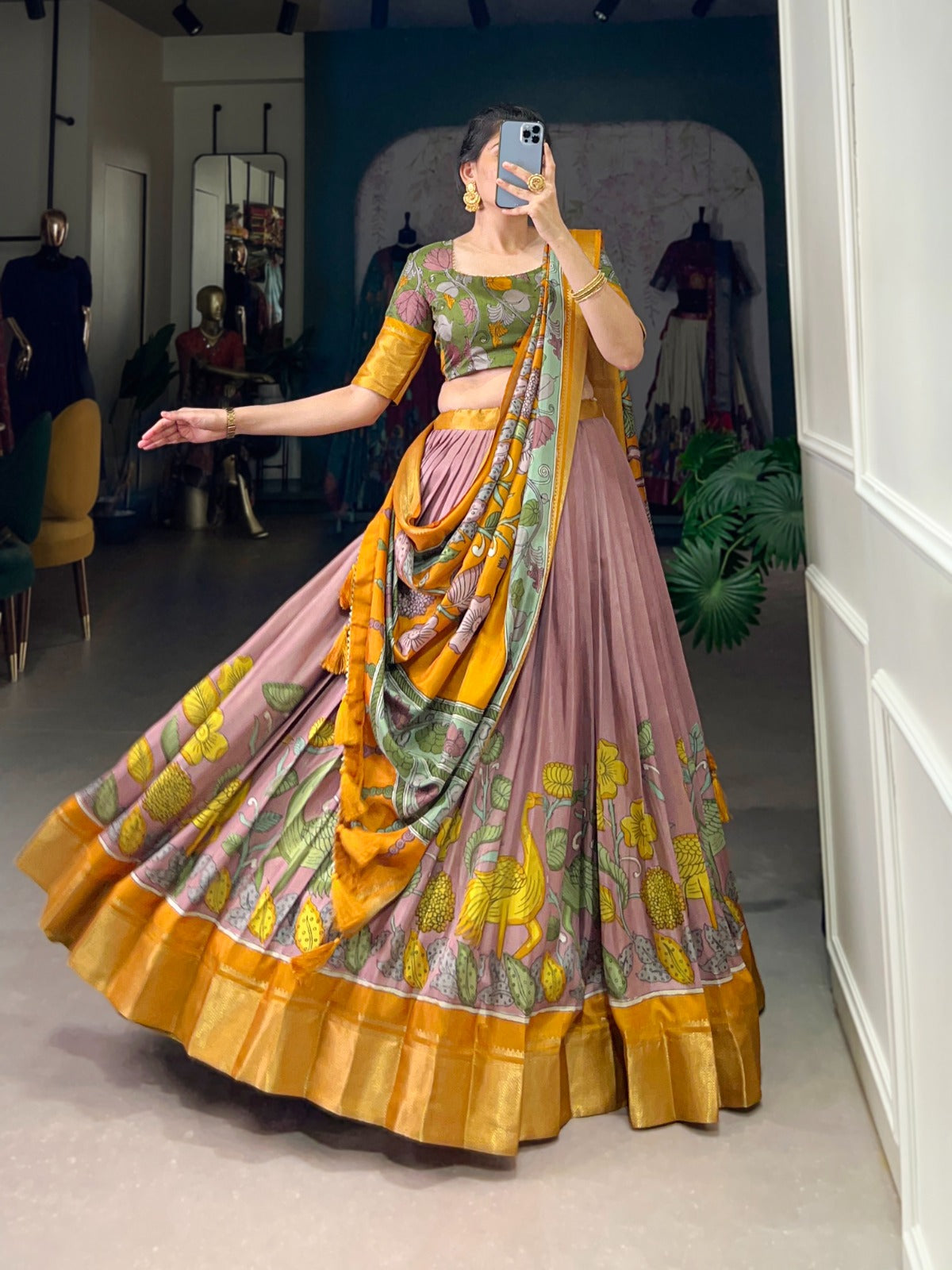 Lorenvalley Peach Dola Silk and Jacquard Silk Printed (Kalamkari) With Zari Weaving Border Lehenga Choli