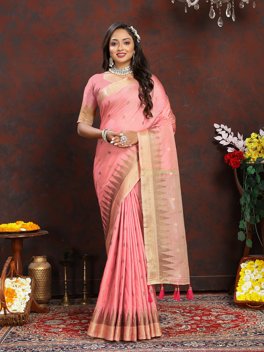 Lorenvalley Fashion Peach Soft Katan Silk Woven Design Zari Weaving Pallu Saree