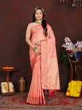 Lorenvalley Fashion Peach Soft Katan Silk Woven Design Zari Weaving Pallu Saree