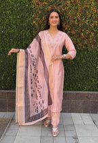 Lorenvalley Fashion Peach Roman Silk Hand Work Kurta Pant with Dupatta - Distacart