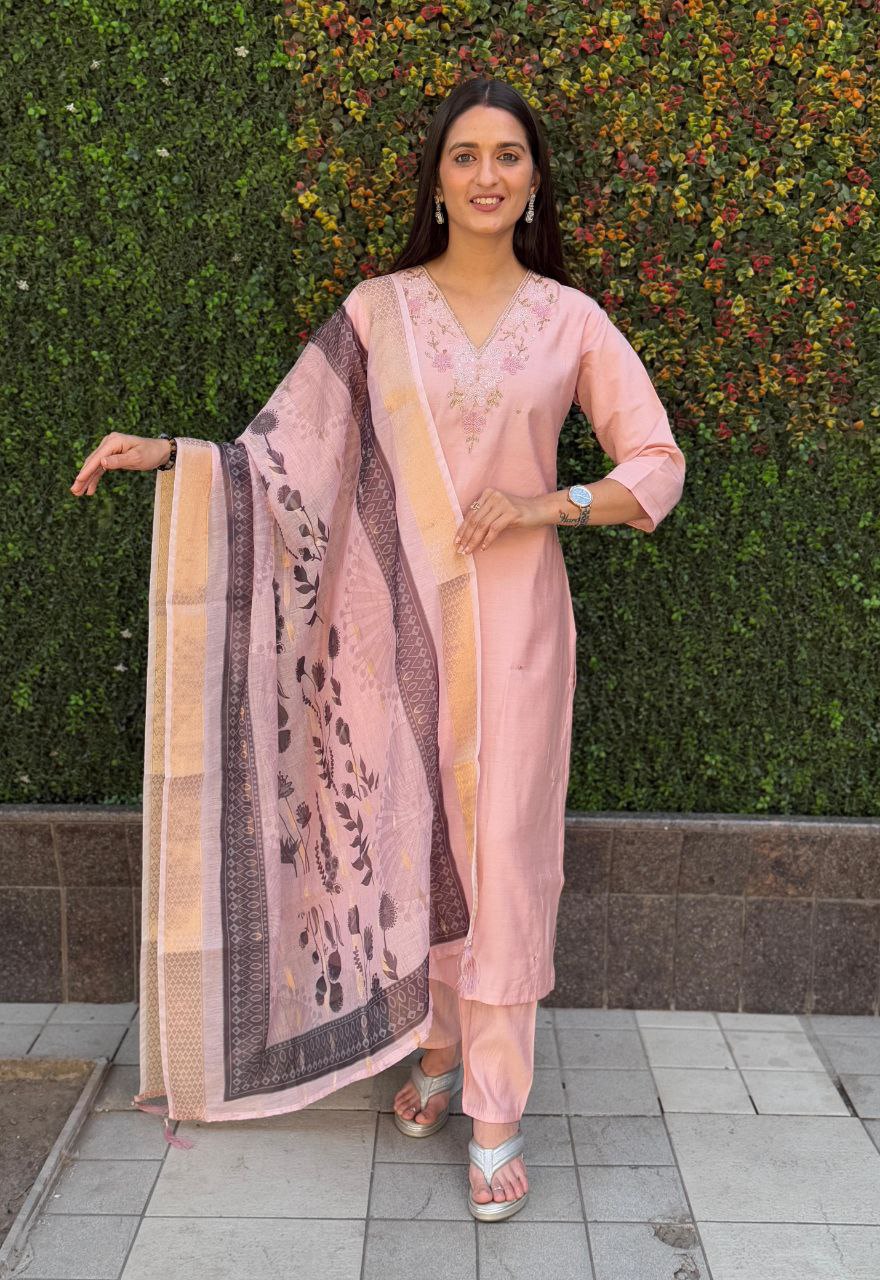 Lorenvalley Fashion Peach Roman Silk Hand Work Kurta Pant with Dupatta - Distacart