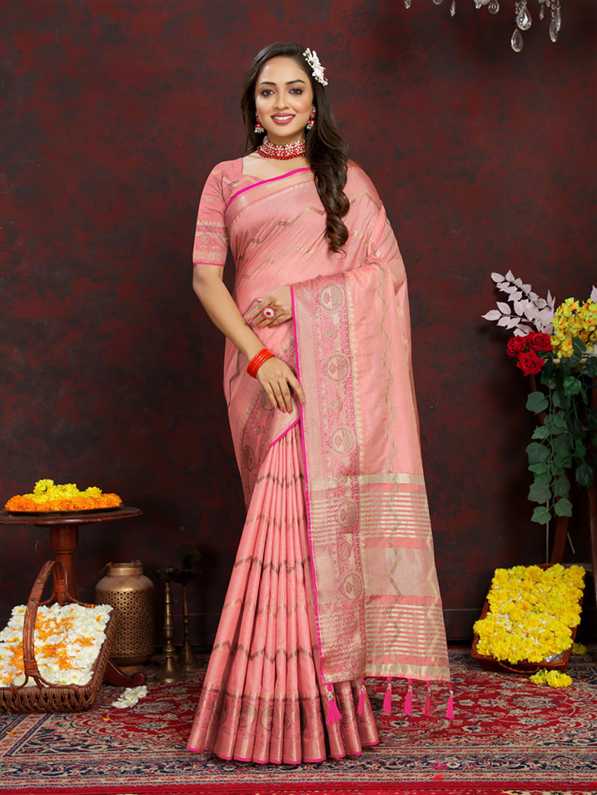 Lorenvalley Fashion Peach Soft Katan Silk Woven Design Zari Weaving Pallu Saree