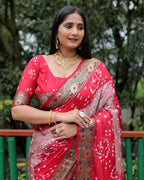 Lorenvalley Premium Pure Bandhej Tapeta Soft light weight silk saree with zari weaving Border - Multicolor