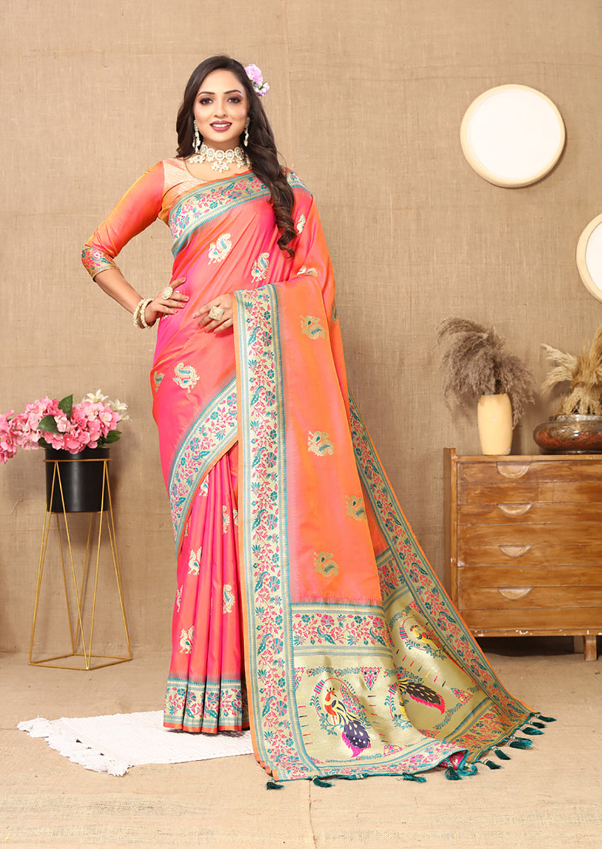 Lorenvalley Fashion Peach Soft Paithani Silk Woven Design Rich Meenakari Zari Weaving Pallu Saree
