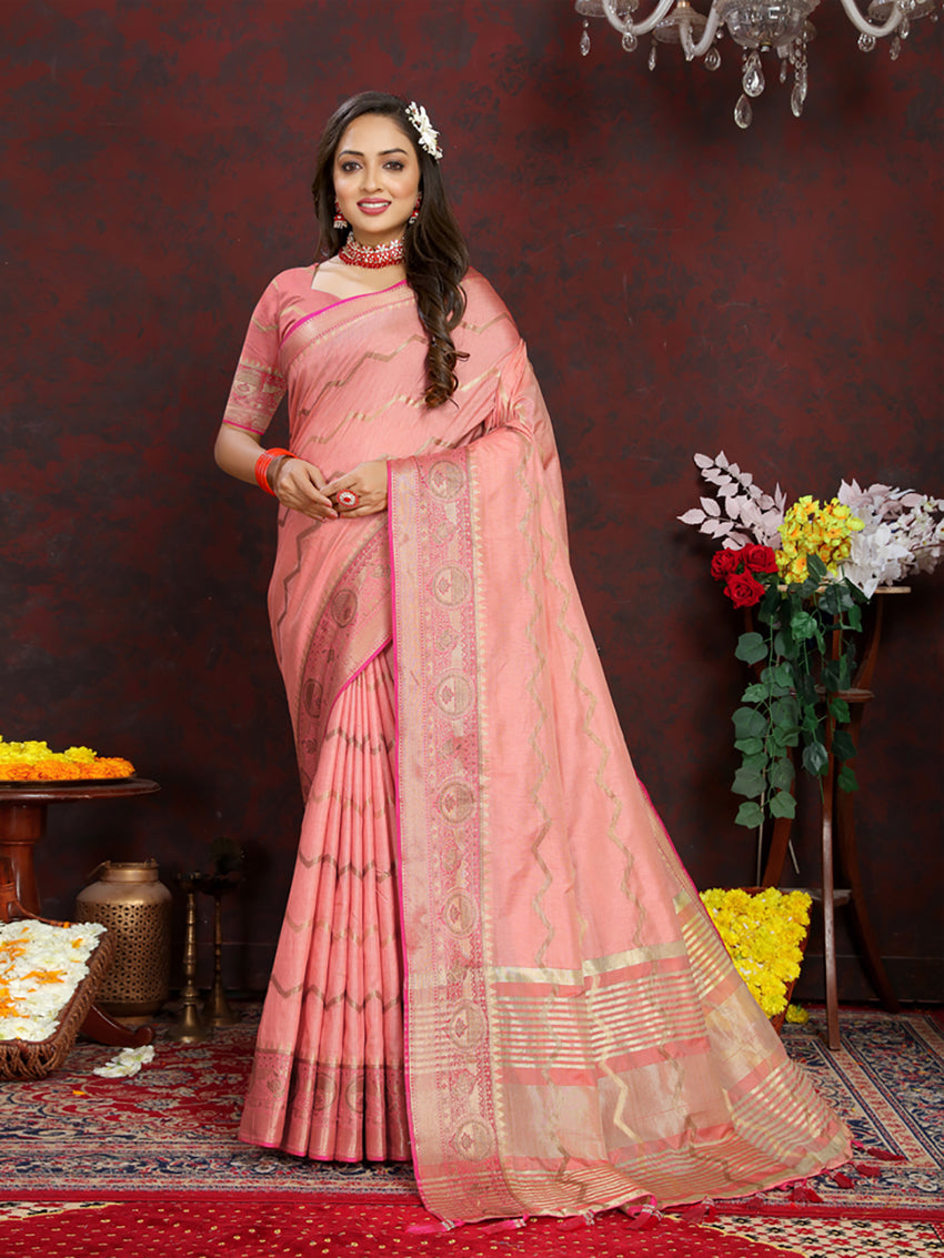 Lorenvalley Fashion Peach Soft Katan Silk Woven Design Zari Weaving Pallu Saree