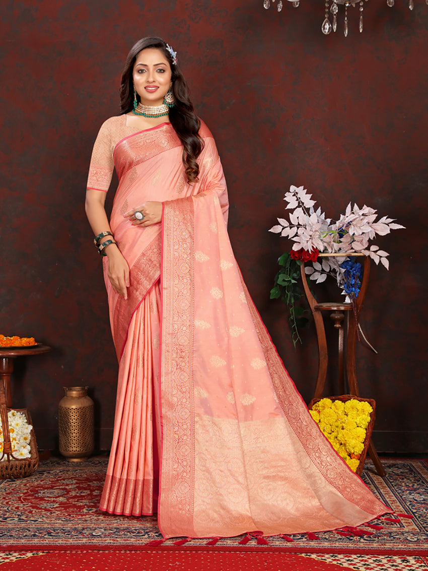 Lorenvalley Fashion Peach Soft Katan Silk Woven Design Zari Weaving Pallu Saree