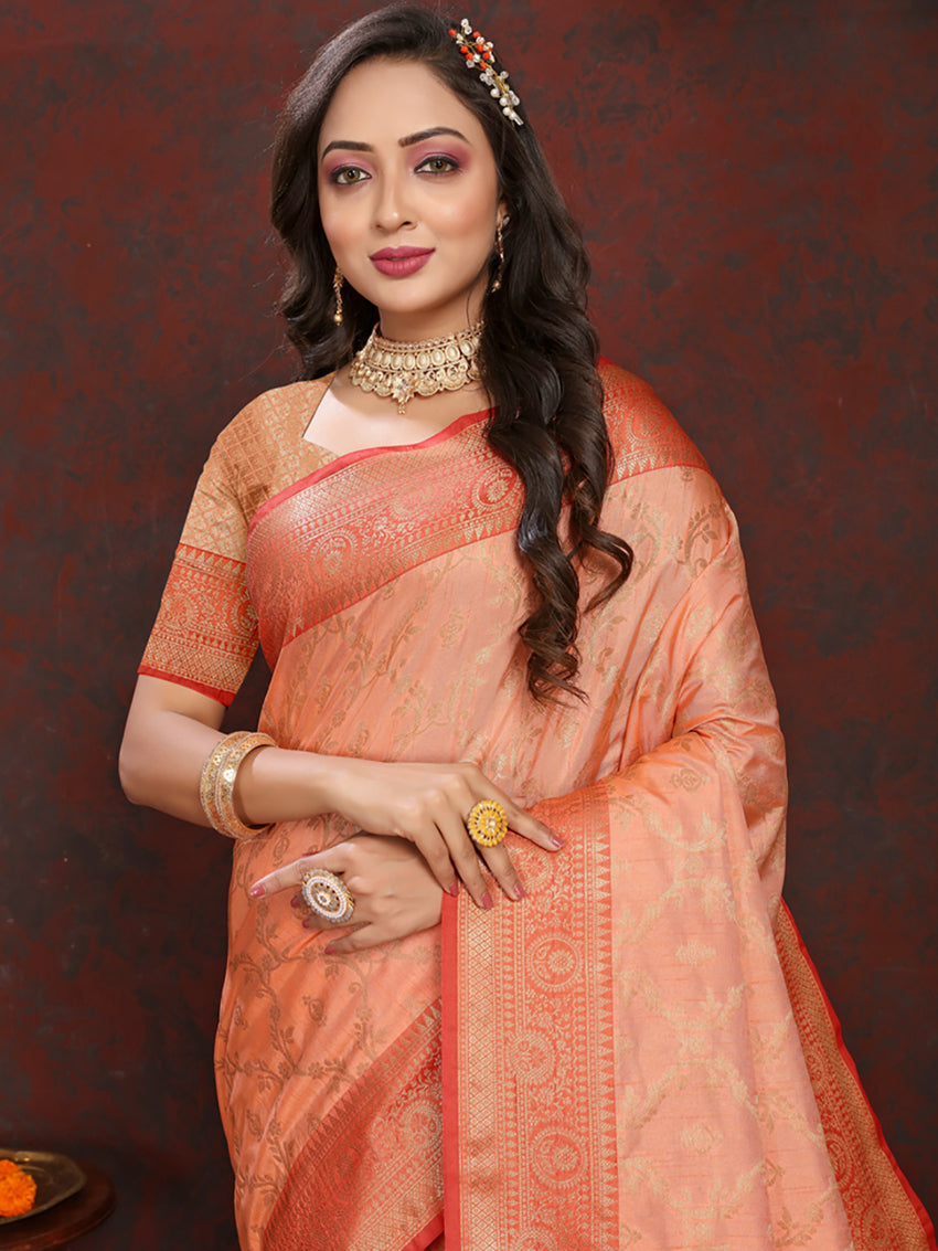 Lorenvalley Fashion Peach Soft Katan Silk Woven Design Zari Weaving Pallu Saree
