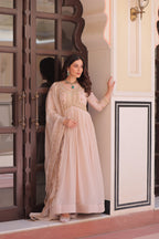 Lorenvalley Fashion Peach Star Georgette with Beads & Sequins Multi Embroidered work Anarkali Gown with Dupatta - Distacart