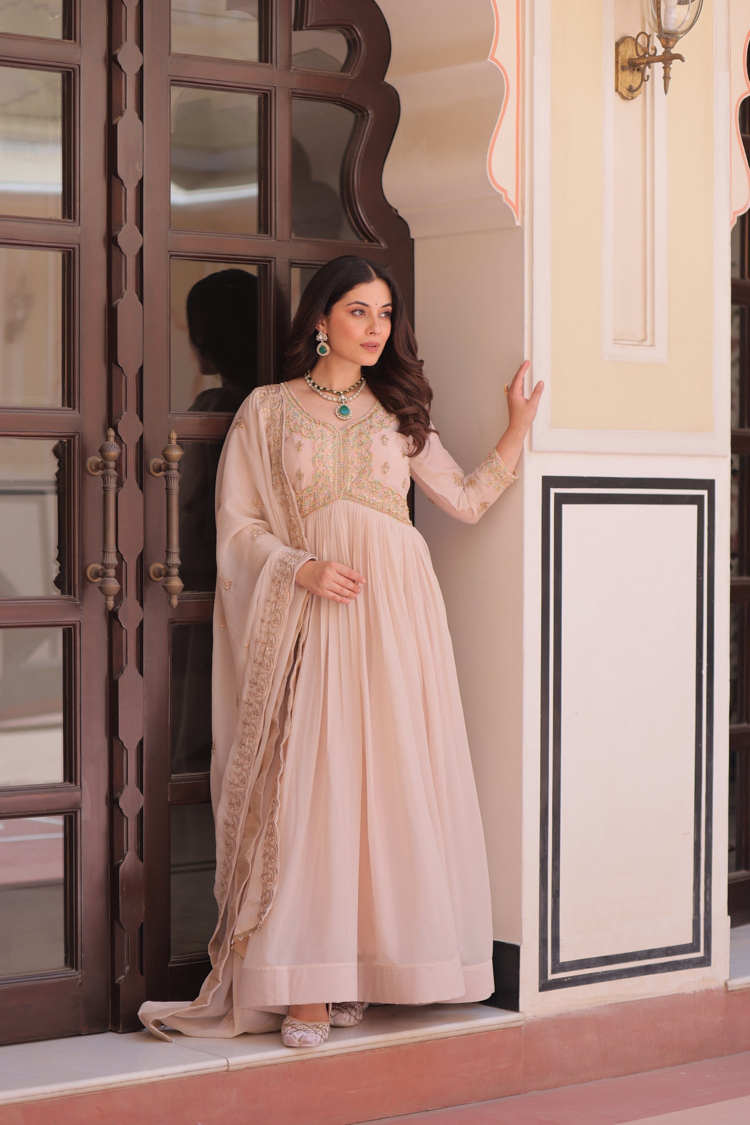 Lorenvalley Fashion Peach Star Georgette with Beads & Sequins Multi Embroidered work Anarkali Gown with Dupatta - Distacart