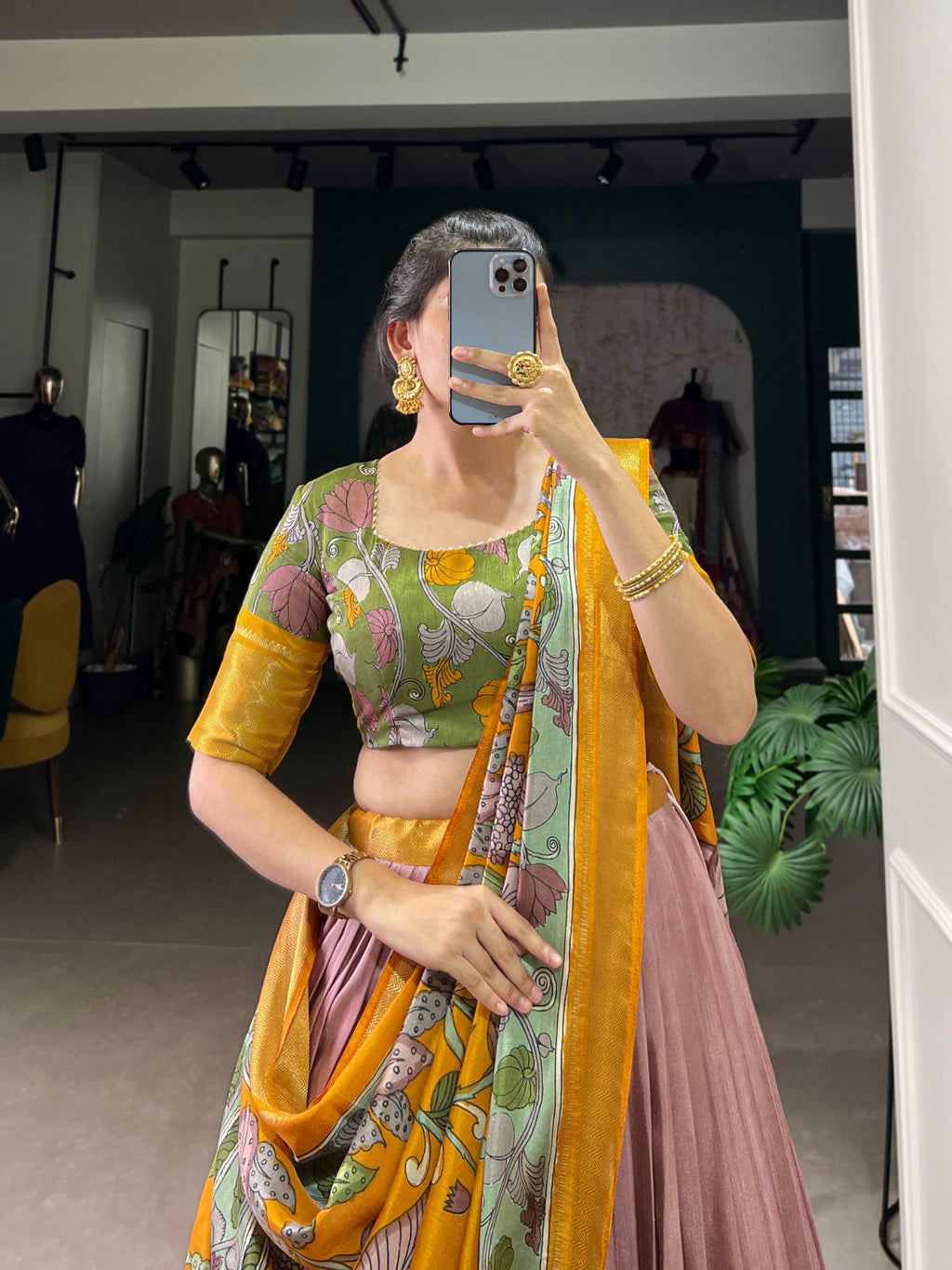Lorenvalley Peach Dola Silk and Jacquard Silk Printed (Kalamkari) With Zari Weaving Border Lehenga Choli
