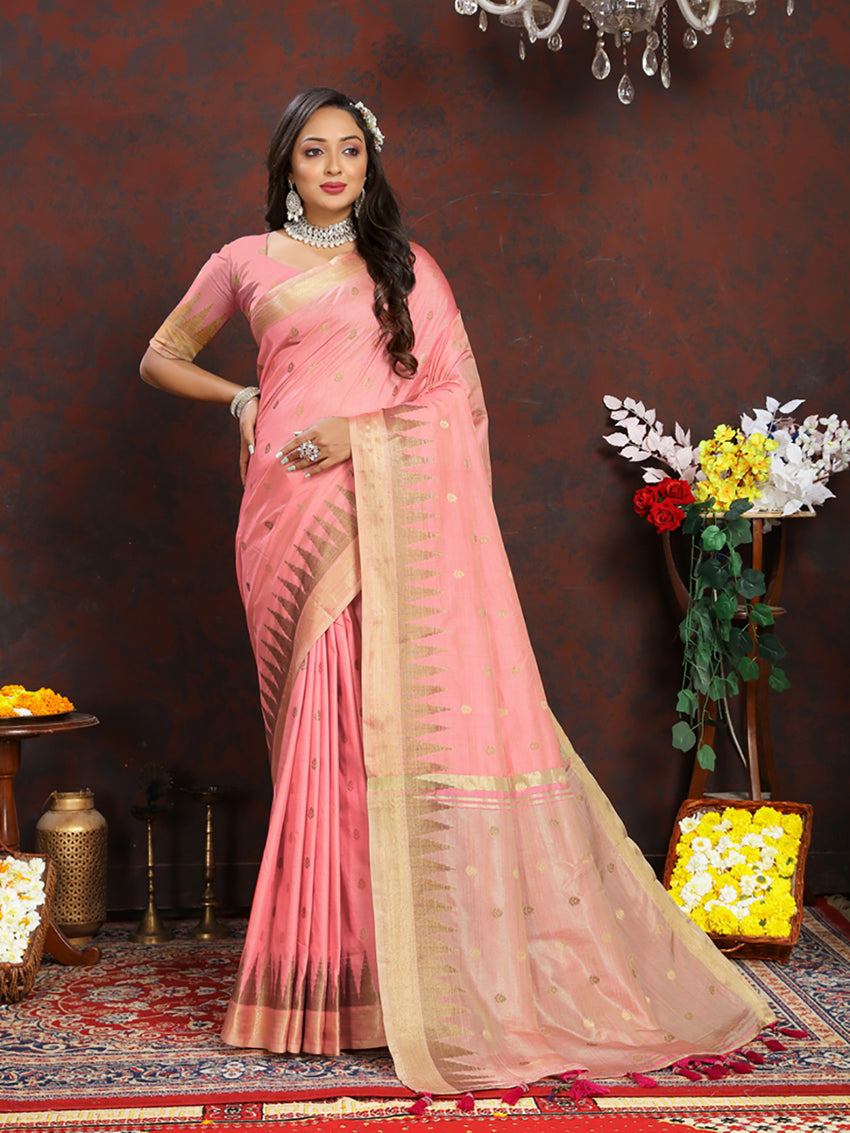 Lorenvalley Fashion Peach Soft Katan Silk Woven Design Zari Weaving Pallu Saree
