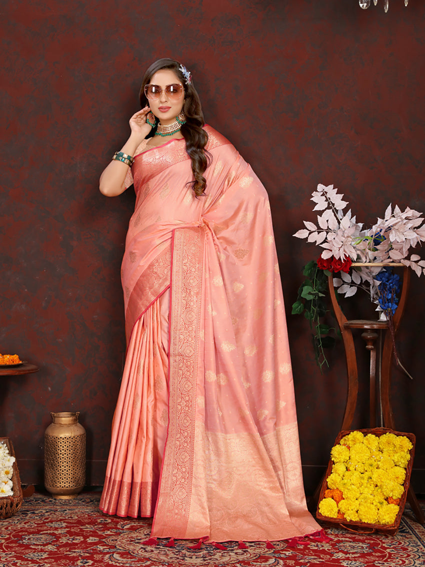 Lorenvalley Fashion Peach Soft Katan Silk Woven Design Zari Weaving Pallu Saree