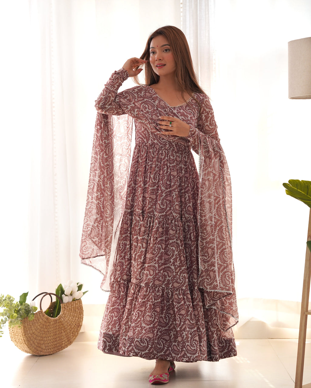 Lorenvalley Women Pure Soft Faux Georgette Floral Print Fully Flair Anarkali Kurta Pant With Dupatta Set - Peach