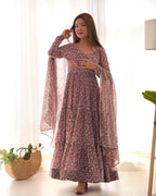 Lorenvalley Women Pure Soft Faux Georgette Floral Print Fully Flair Anarkali Kurta Pant With Dupatta Set - Peach