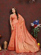 Lorenvalley Fashion Peach Soft Katan Silk Woven Design Zari Weaving Pallu Saree