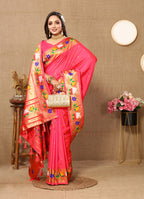 Lorenvalley Fashion Peach Soft Paithani Silk Woven Design Rich Zari Meenakari Weaving Saree