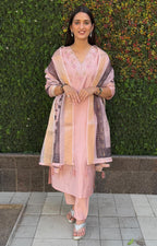Lorenvalley Fashion Peach Roman Silk Hand Work Kurta Pant with Dupatta - Distacart