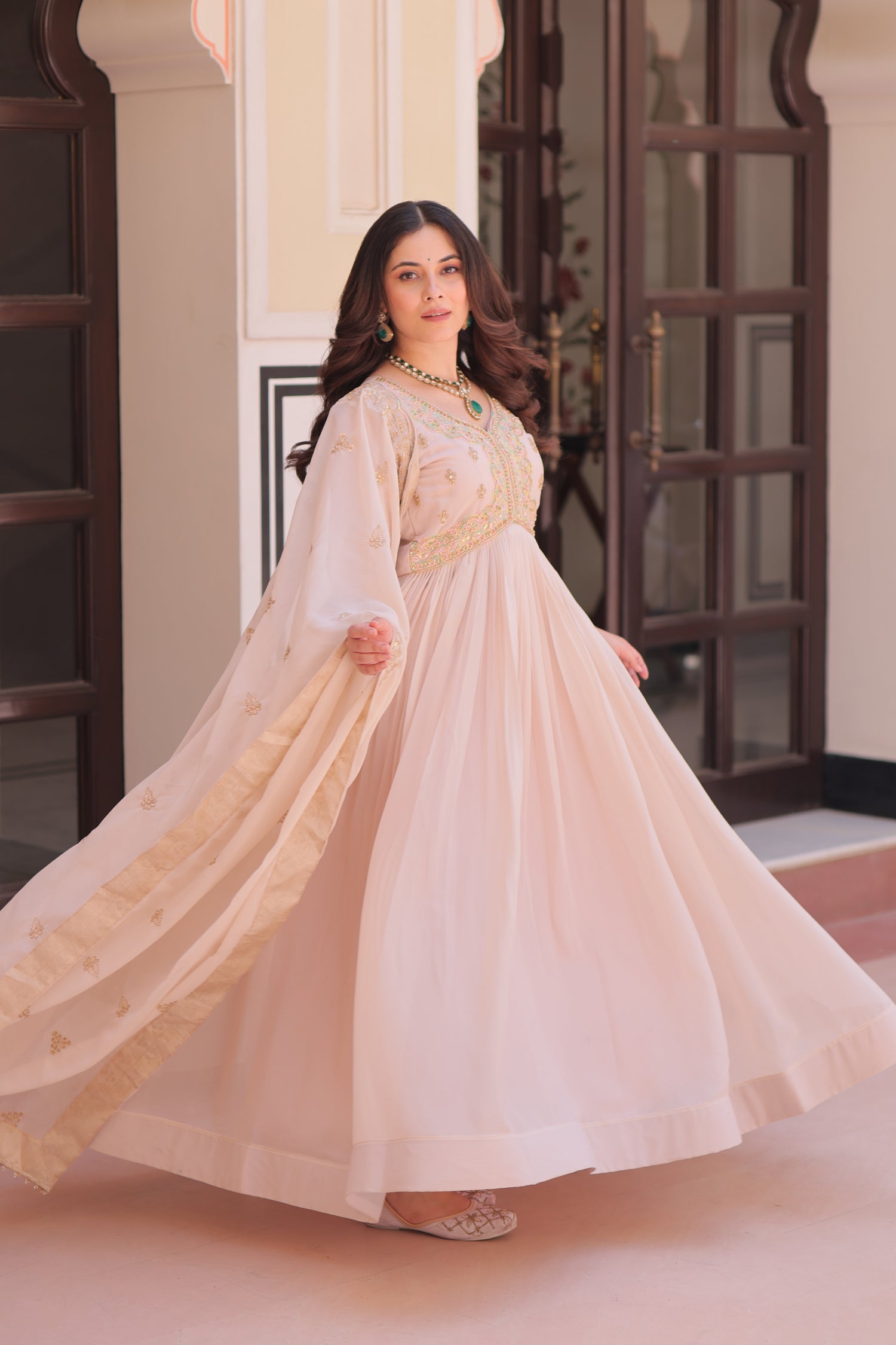 Lorenvalley Fashion Peach Star Georgette with Beads & Sequins Multi Embroidered work Anarkali Gown with Dupatta - Distacart
