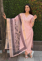 Lorenvalley Fashion Peach Roman Silk Hand Work Kurta Pant with Dupatta - Distacart