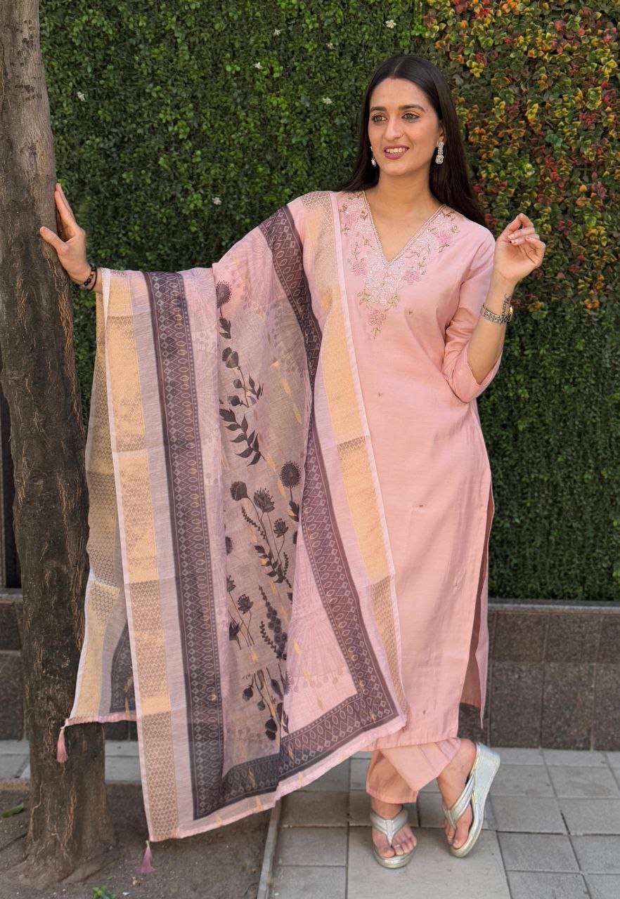 Lorenvalley Fashion Peach Roman Silk Hand Work Kurta Pant with Dupatta - Distacart