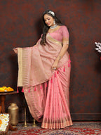 Lorenvalley Fashion Peach Soft Katan Silk Woven Design Zari Weaving Pallu Saree