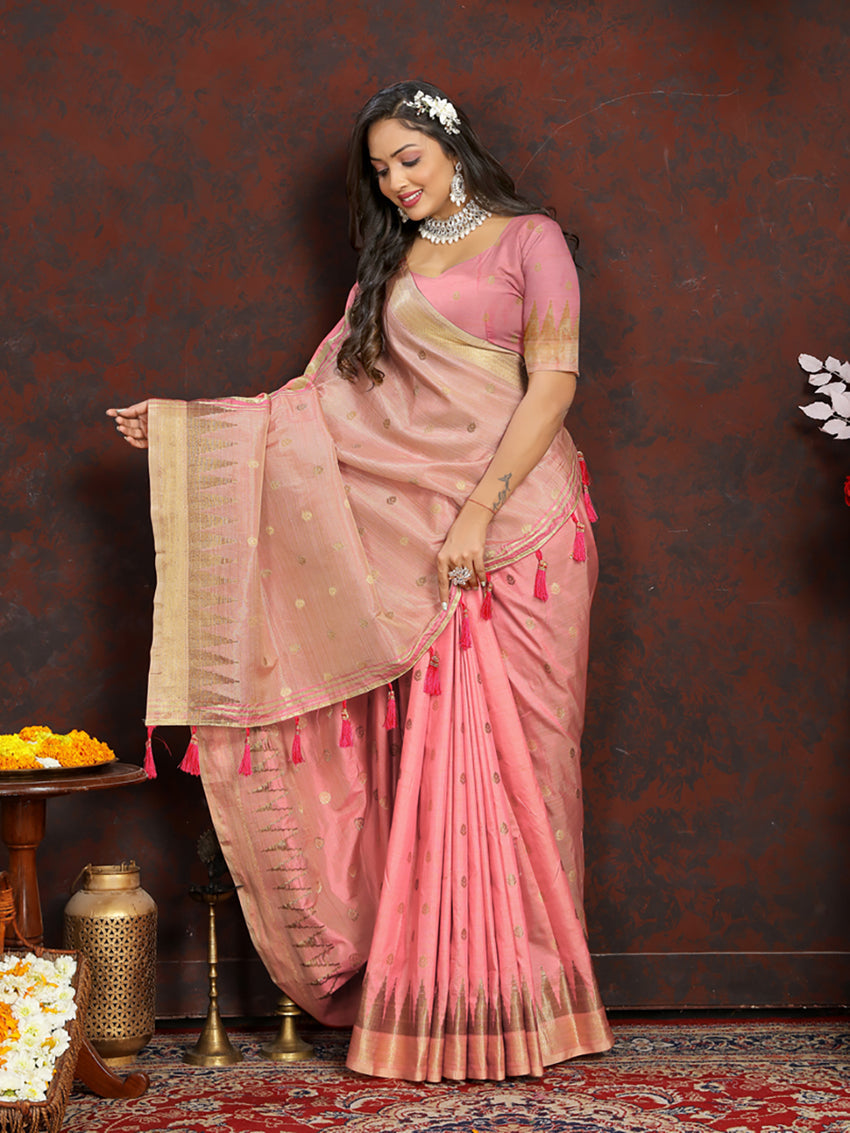 Lorenvalley Fashion Peach Soft Katan Silk Woven Design Zari Weaving Pallu Saree