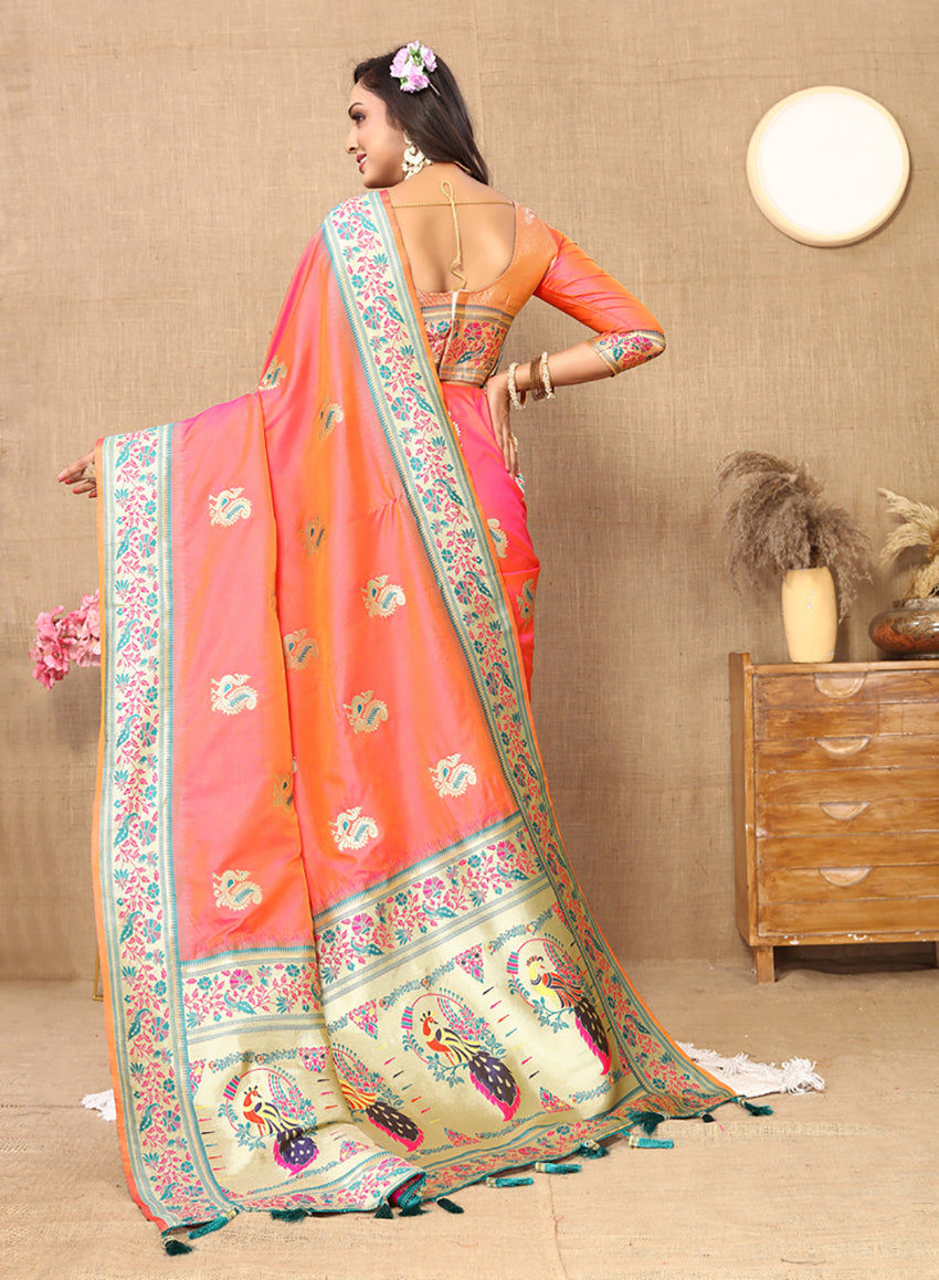 Lorenvalley Fashion Peach Soft Paithani Silk Woven Design Rich Meenakari Zari Weaving Pallu Saree