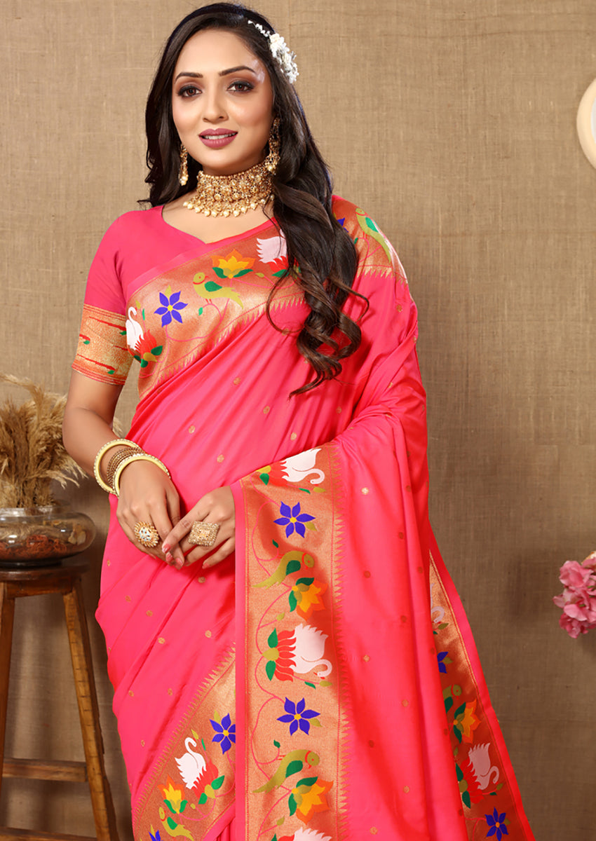 Lorenvalley Fashion Peach Soft Paithani Silk Woven Design Rich Zari Meenakari Weaving Saree